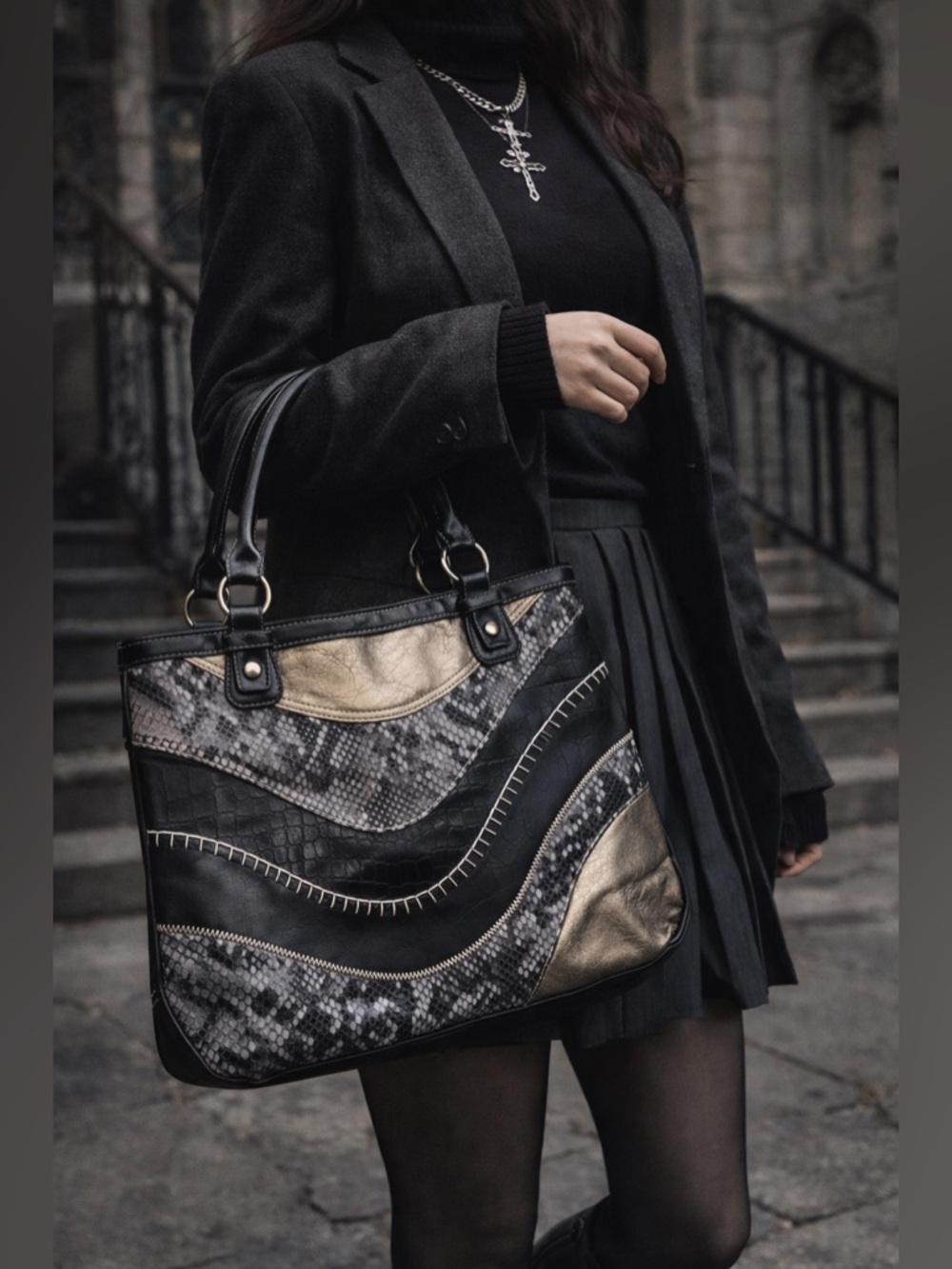 Y2K Patchwork Faux Leather Tote Bag Snakeskin Croc Metallic Gold Shoulder Purse